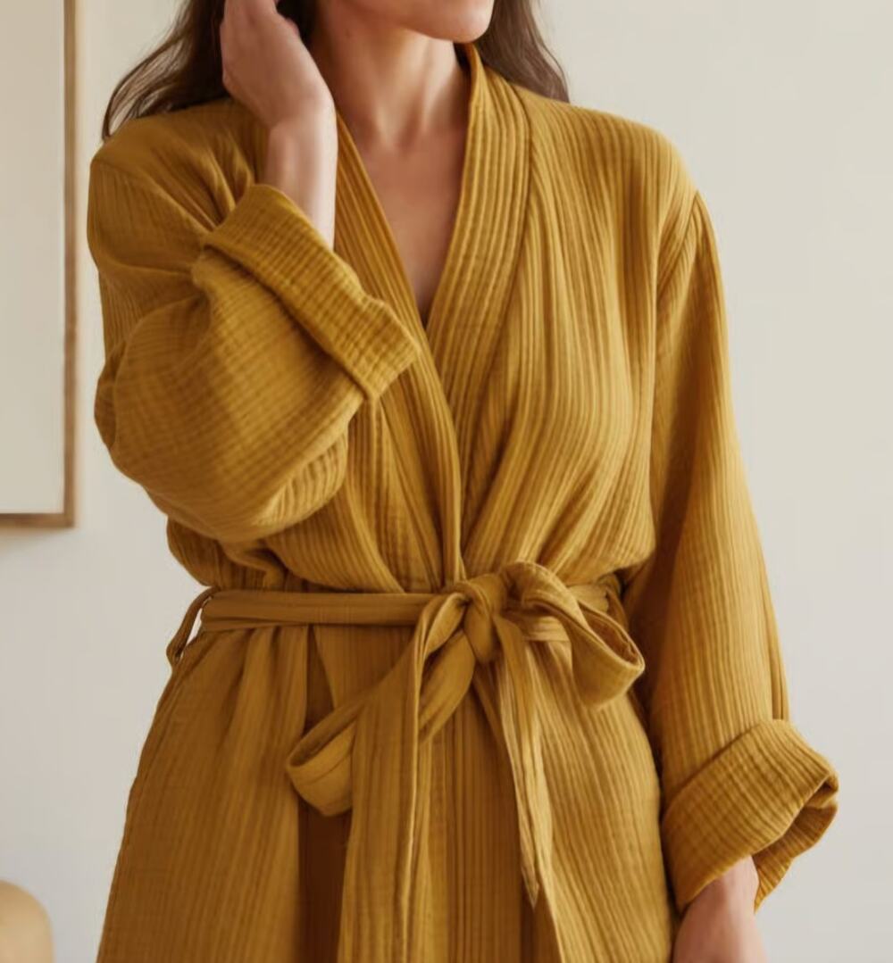 PARACHUTE Cloud Cotton Robe 100% Cotton Gauze Mustard Yellow Belted MEDIUM